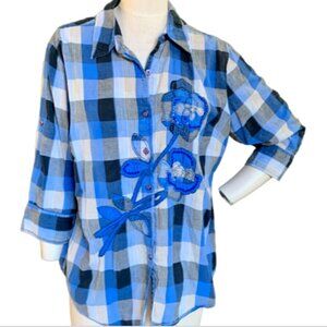 Westbound Blue Buffalo Plaid Button Front Embroidered Flowers Sequins Sz 1X #88i